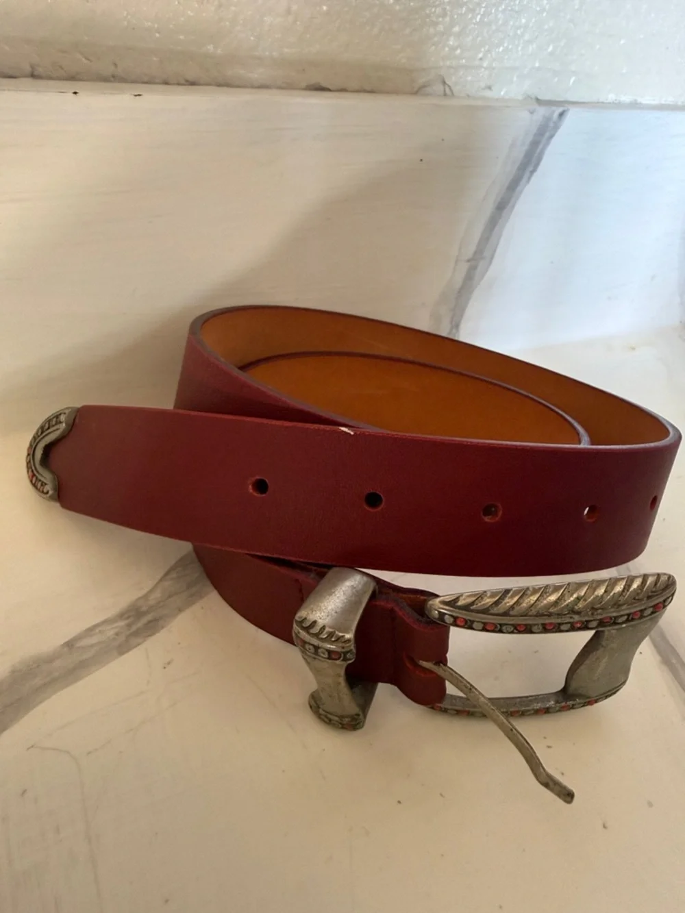 Vintage Red Western Style Italian Garuglieri Leather Boho Belt Sz Small 37.5” L